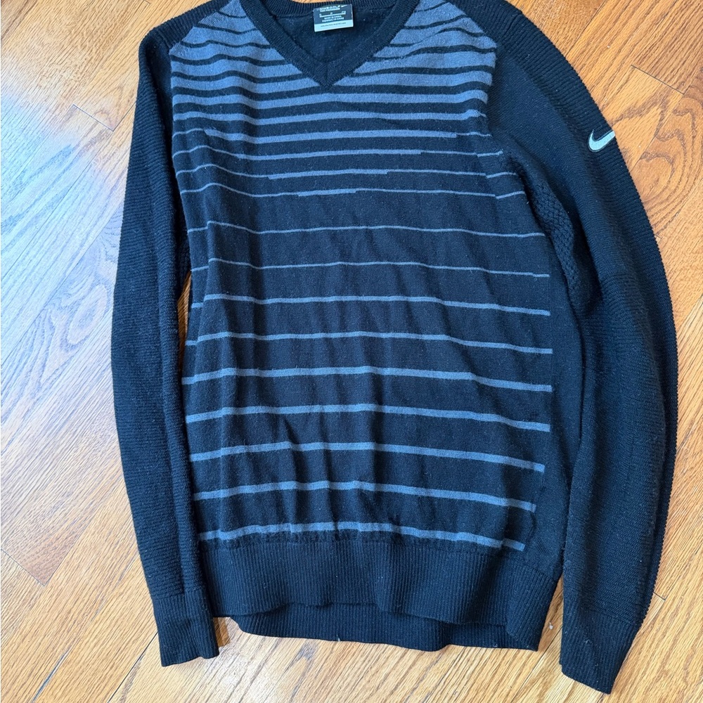 Nike Men’s Black and Gray Striped V-Neck Sweater